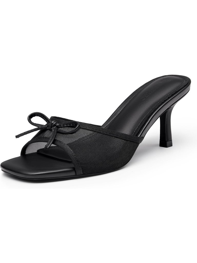 Women's Bow Mules Heels Kitten Heel Slide Black Mesh Sandals Square Toe Shoes